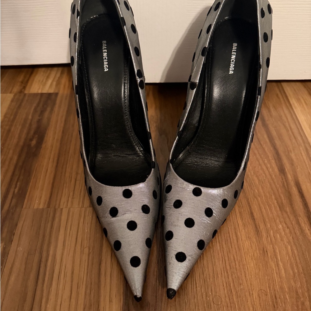 Balenciaga Silver Polka Dot Pointed Toe Stiletto Heels